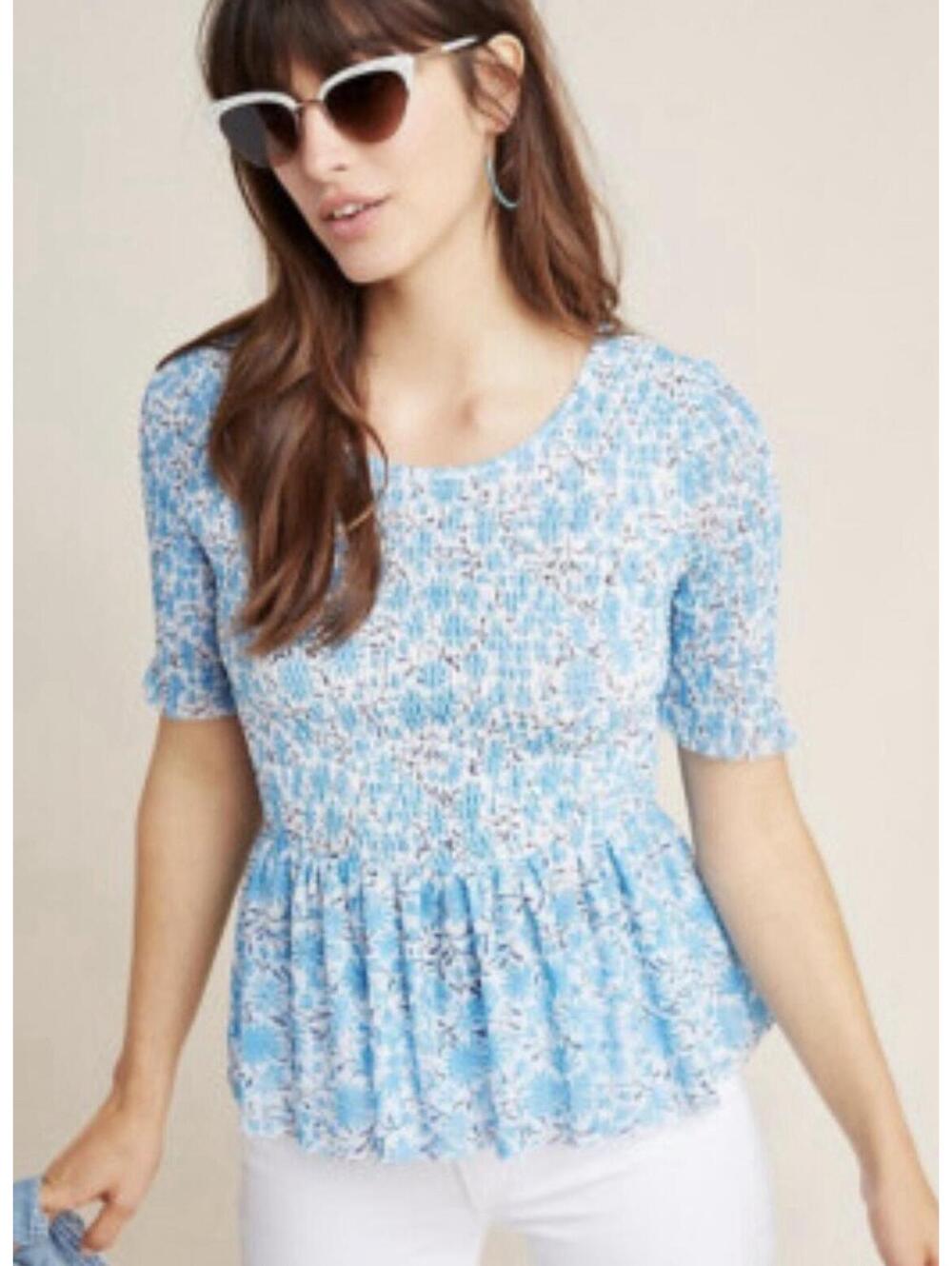 Anthropologie  Maeve Ashton Smocked Peplum Top Blue size L Floral Feminine